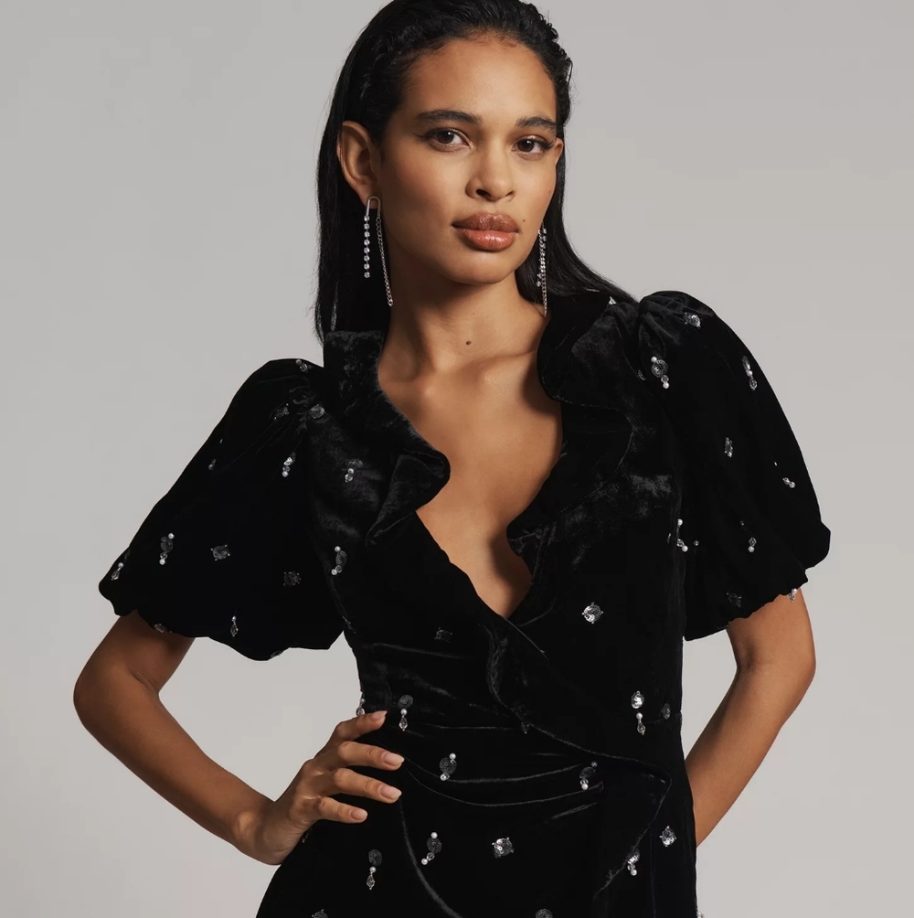 Anthropologie Maeve Black Mini Dress with Silver Accents Gala Formal Date night